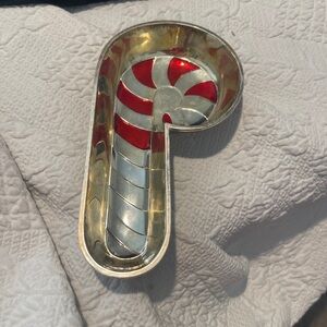 Candy Cane Shaped Silverplate and Red Dish 8” Red is missing. Has tarnish
